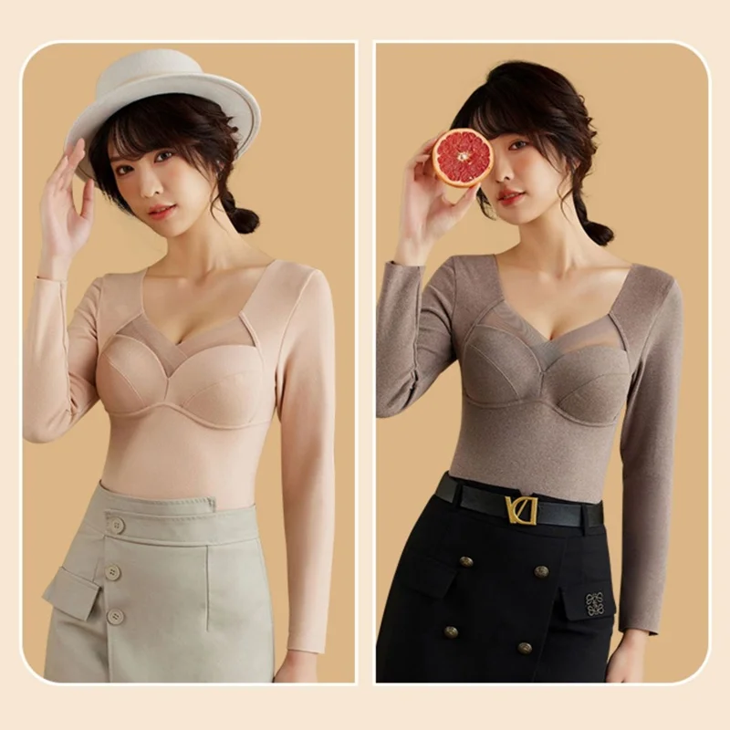Thickened Thermal V-Neck Base Shirt Women's Inner Wear Fleece Lined Seamless Autumn Winter Top Close-Fitting Underwear