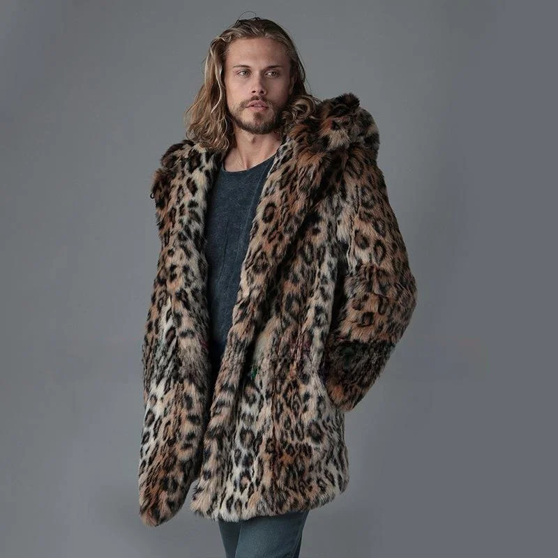 남성용 인조 모피 코트 레오파드 프린트 밍크 모피 따뜻한 아우터 캐주얼 청년 스탠드 칼라 중간 길이 유럽 스타일