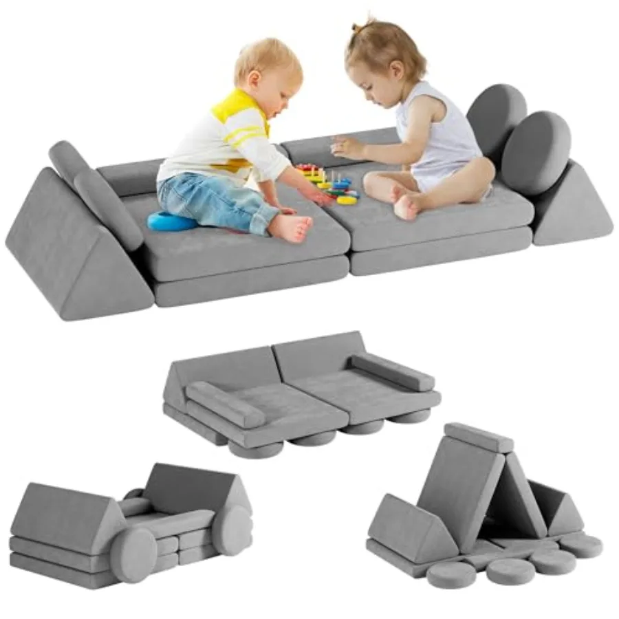 

Modular kids play block couch for bedroom and playroom: grey foam cushion set car-shaped soft and convertible ideal for toddler