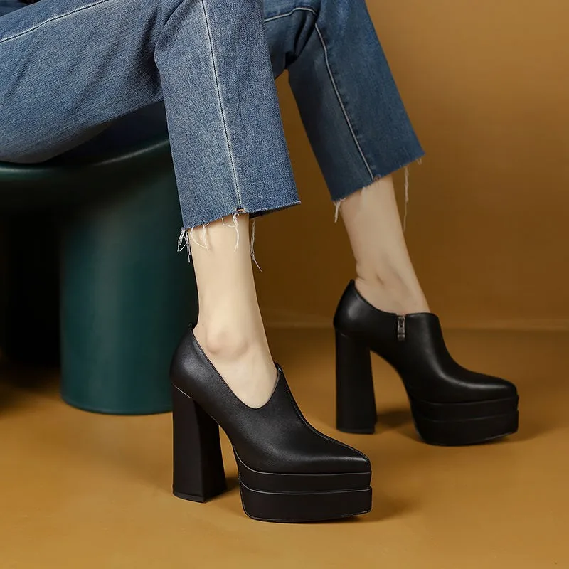 Super High Heel Single Shoes Autumn New Pointed Toe Deep Mouth Side Zipper Platform Non-Slip Square Heel Low Top Shoes