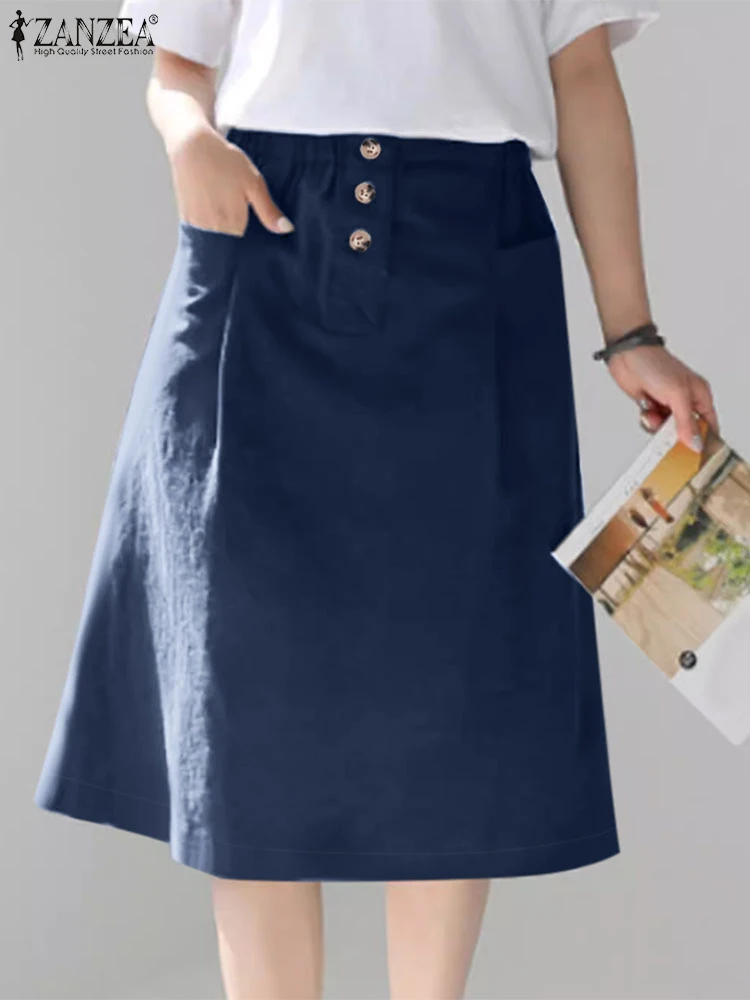 Women High Waist OL Skirt ZANZEA Summer Vintage Solid Faldas Knee-length SkirtsCasual Loose A-line Work Skirt Party Sundress