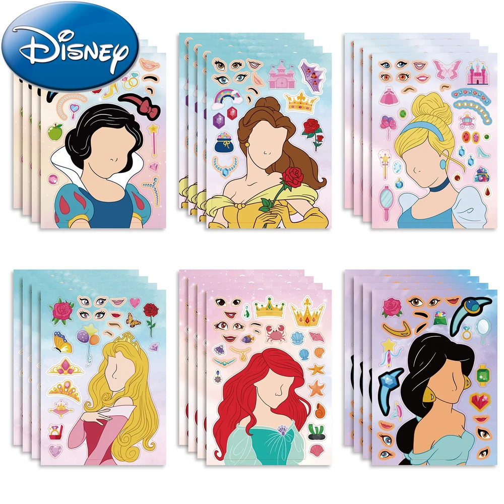 6/12 Vellen Disney Schattige Prinses Puzzel Stickers Maken Een Gezicht Sticker Kawaii Kid Assemblage Puzzel Educatie Sticker Voor Kid Party Speelgoed