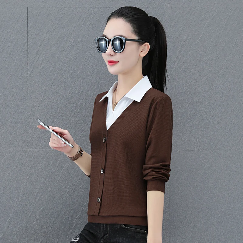 New Autumn And Winter Korean Fashion Fake Two-Piece Long Sleeved Pullover For Women'S Casual Loose Fitting Patchwork Knitted Top