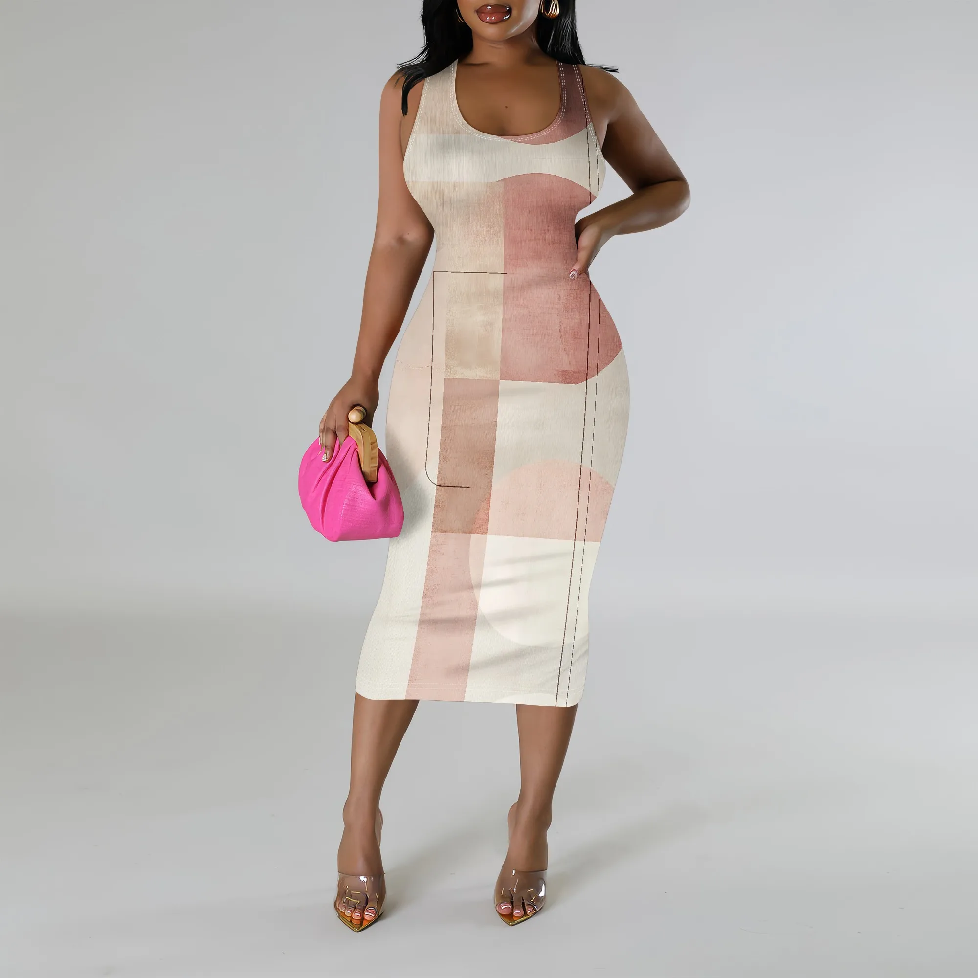 

Sleeveless Bodycon Midi Dress with Abstract Geometric Print, S-3XL – Perfect for Day Outings & Casual Gatherings
