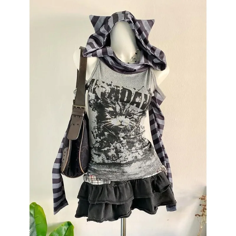 Tops T-shirts Women's American-style Y2K Retro Designer Long-sleeved Faux Two-piece Striped Off-the-shoulder New Fashionable