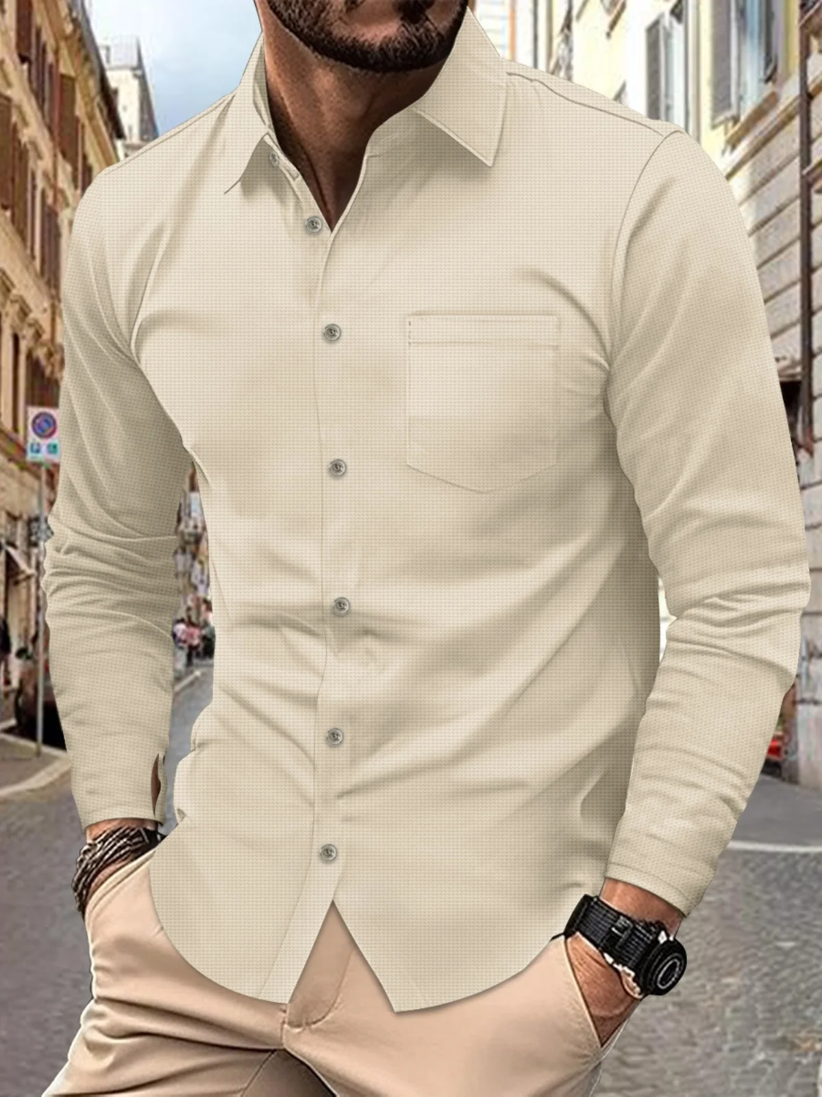 قميص رجالي عصري بأكمام طويلة ولون واحد، قماش وافل، مريح وفضفاض، يمتص الرطوبة، مناسب للخريف، بياقة قابلة للطي