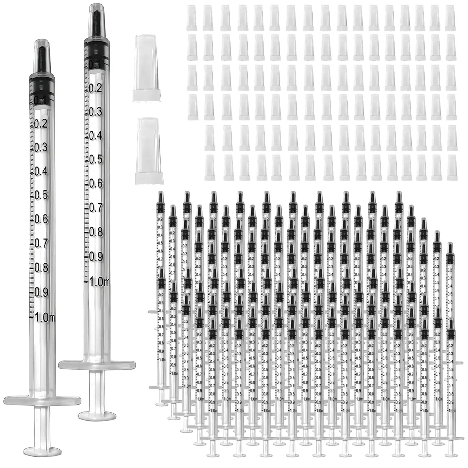 100/50/20er Pack 1ml Spritze mit Kappe für Flüssigkeiten, 1cc Kunststoff-Kleinspritzen mit Abdeckung, unsteril, ohne Nadel – Detail 1