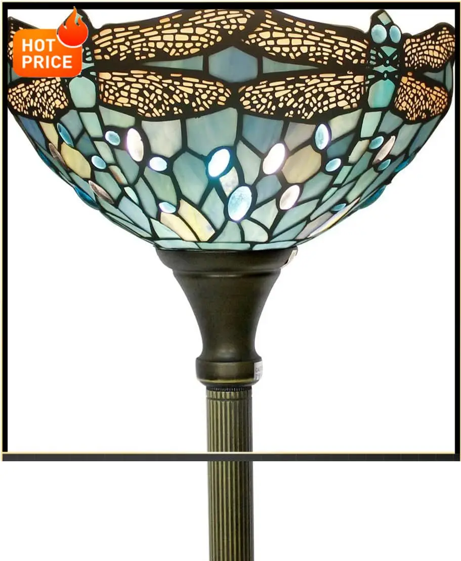 

BestsellerWERFACTORY Tiffany Floor Lamp Sea Blue Stained Glass Dragonfly Light 12X12X71 Inches Pole Torchiere Standing Corner To