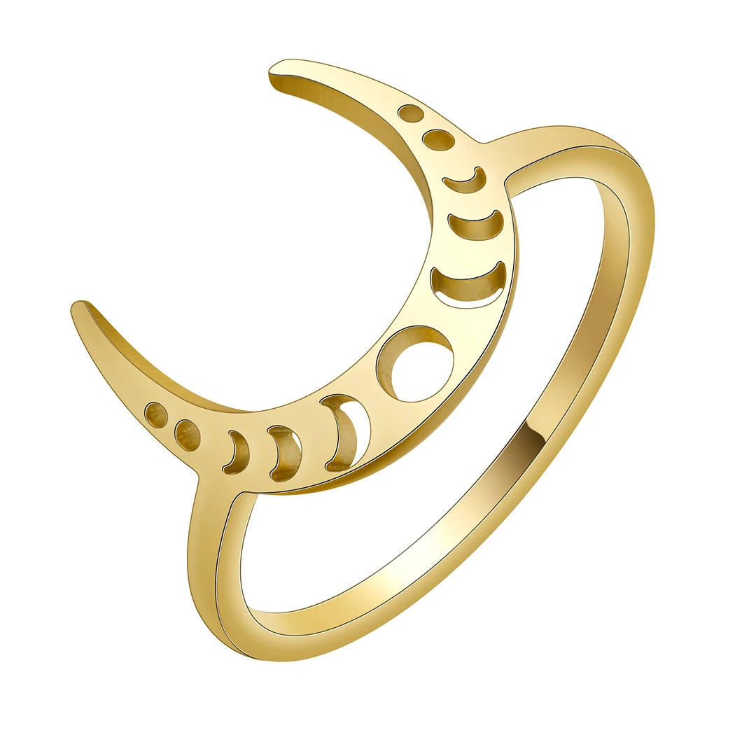 Nedar Stainless Steel Bohemian U-shaped Crescent Moon Phase Finger Rings for Women Bride Wedding Party Fashion Celestial Jewelry