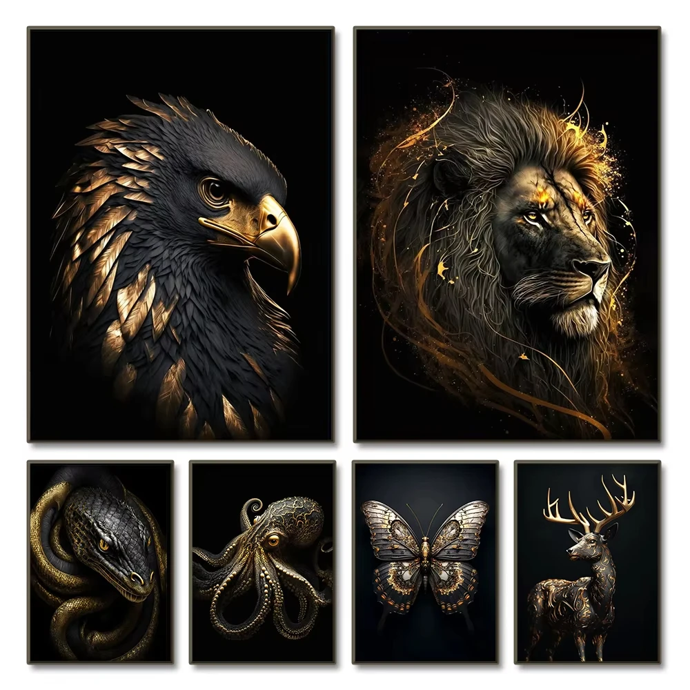 Black Gold Eagle Lion Canvas Painting Metal Poster Wall Art Nordic Deer Tiger Wolf Swan Aesthetic Picture for Living Room Decor