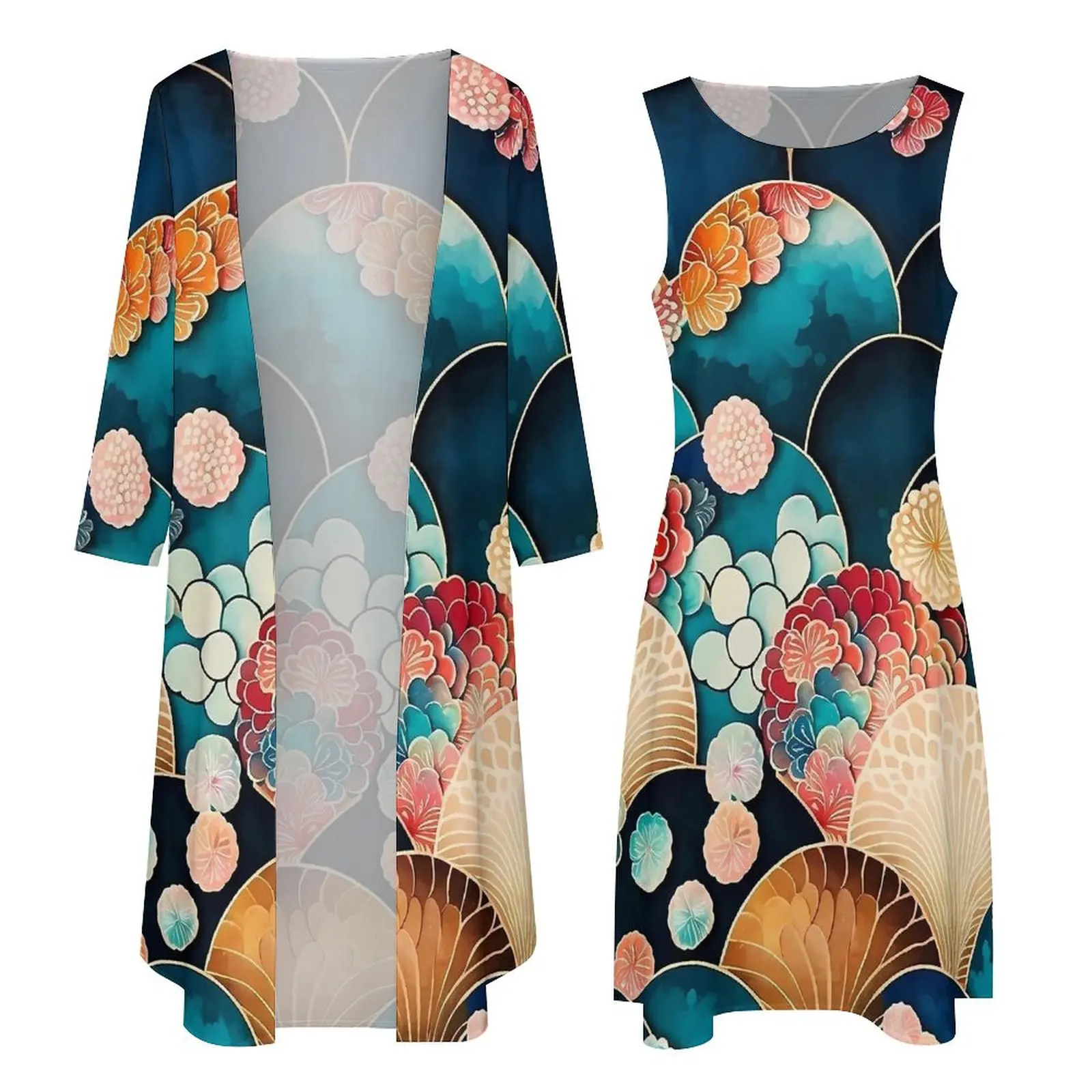 Japanse kunstjurk Japanse schaal kimono patroon Vintage maxi-jurk tweedelige grafische Boho strand lange jurken oversized vestido