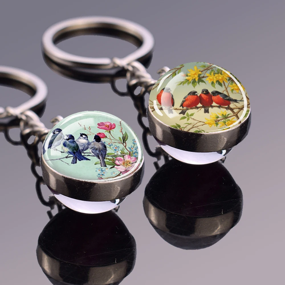 Robin Redbreast Keychains Sparrow Swallow Glass Ball Two Sided Pendant Key Chain Bird Painting Fashion Art Jewelry Keyring Gift
