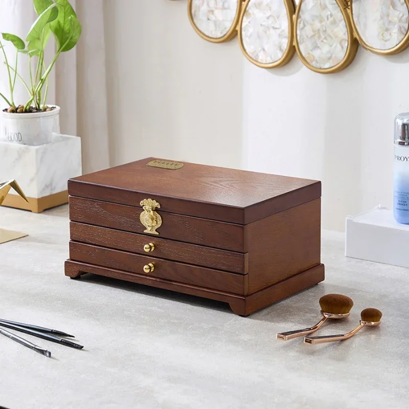 

Retro Chinese Jewelry Organizer Multi-Layer Solid Wood Box with Partition Classification Storage for Inner Makeup