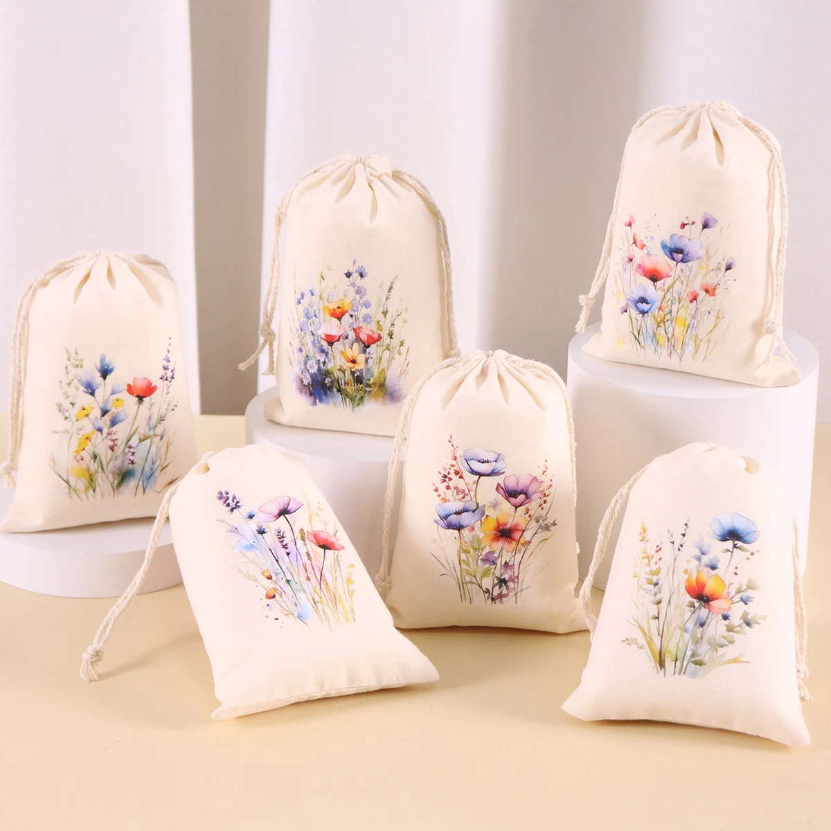 6 bolsas de regalo con estampado de flores, bolsas de algodón con cordón y estampado floral, necesidades para fiestas de cumpleaños y bodas