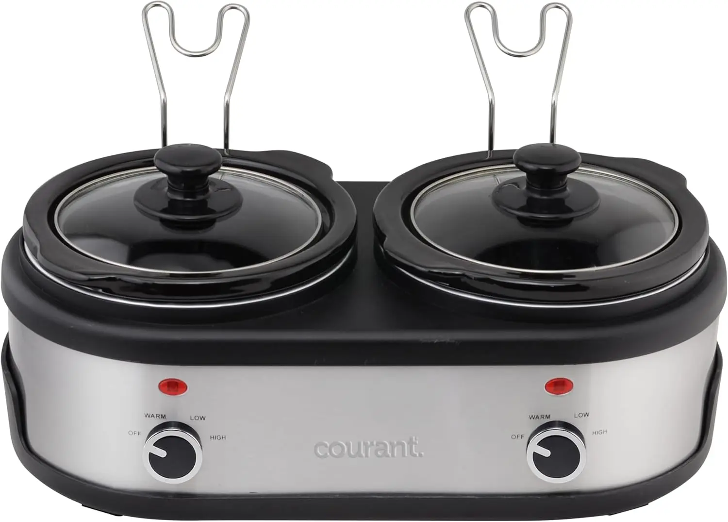 Pentola a cottura lenta doppia da 3,2 litri (1,6 Qt ciascuno) con impostazioni calde, pentole antimacchia e coperchi in vetro - Acciaio inossidabile