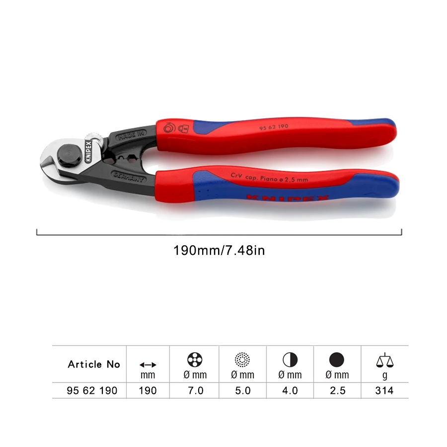 KNIPEX 95 62 190 Wire Rope Cutter Mutil-Combination Pliers with Tether Attachment Point Comfort Grip 7 1/4-Inch