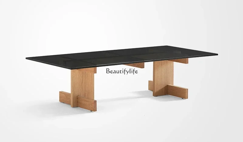 x4 Solid wood Italian minimalist tempered glass countertop coffee table modern light luxury log tea table