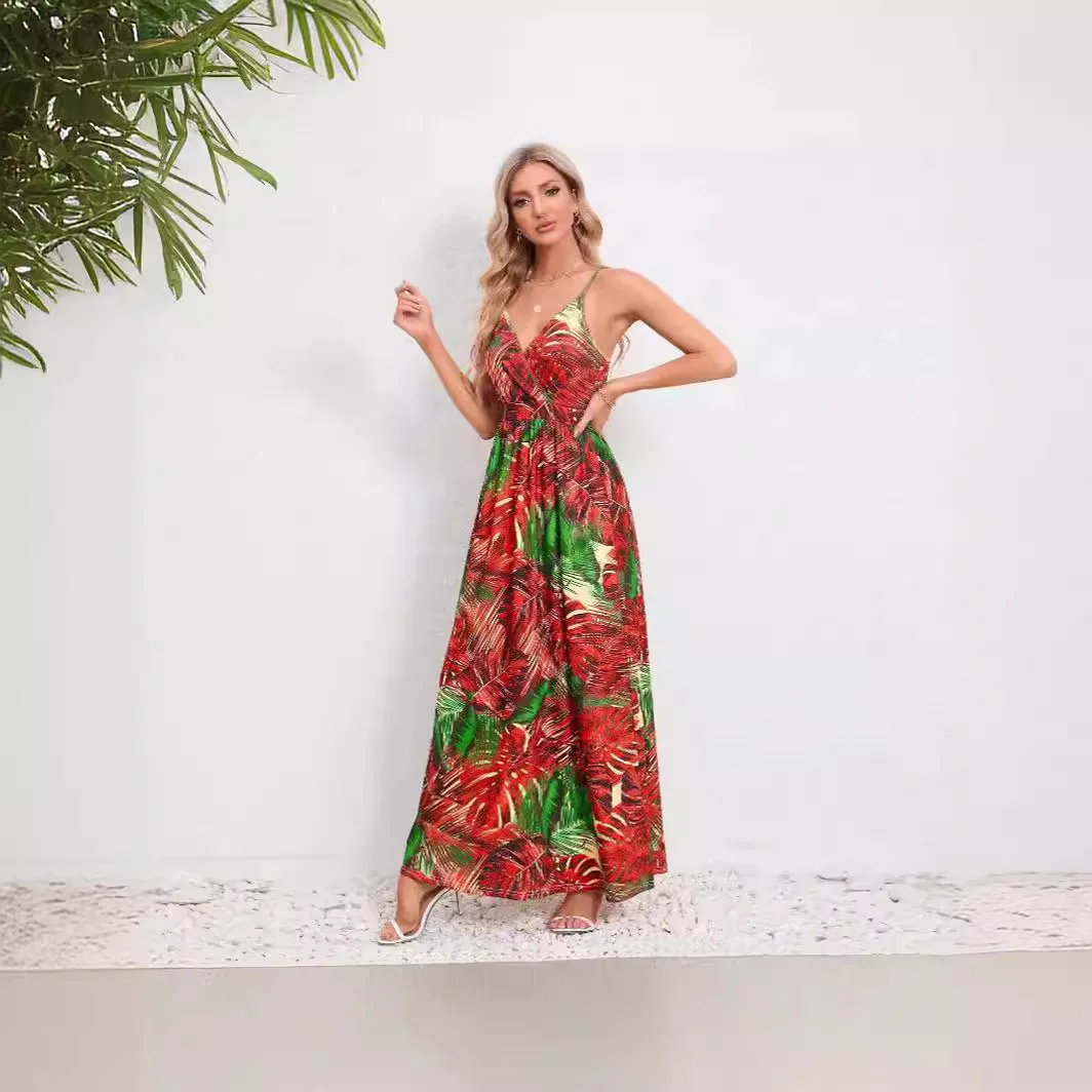 فستان بوهو أنيق مطبوع للنساء مثير بياقة على شكل V بدون أكمام فساتين طويلة 2025 لربيع وصيف عطلة الشاطئ فستان الشمس فساتين نسائية