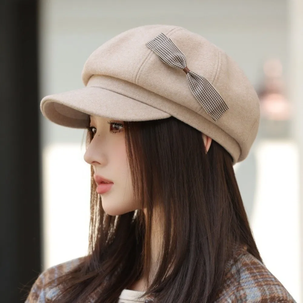 

Fashion Wool Bow Beret Solid Color Warm Painter Hat Y2k Versatile Octagonal Cap Autumn Winter