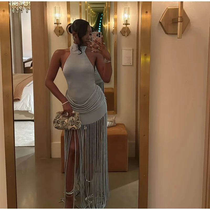 Women Sexy Tassel Patchwork Maxi Dress Elegant V-neck Wide Strap Sleeveless Waist-cinching Slim Fit Dresses Chic New Party Gowns