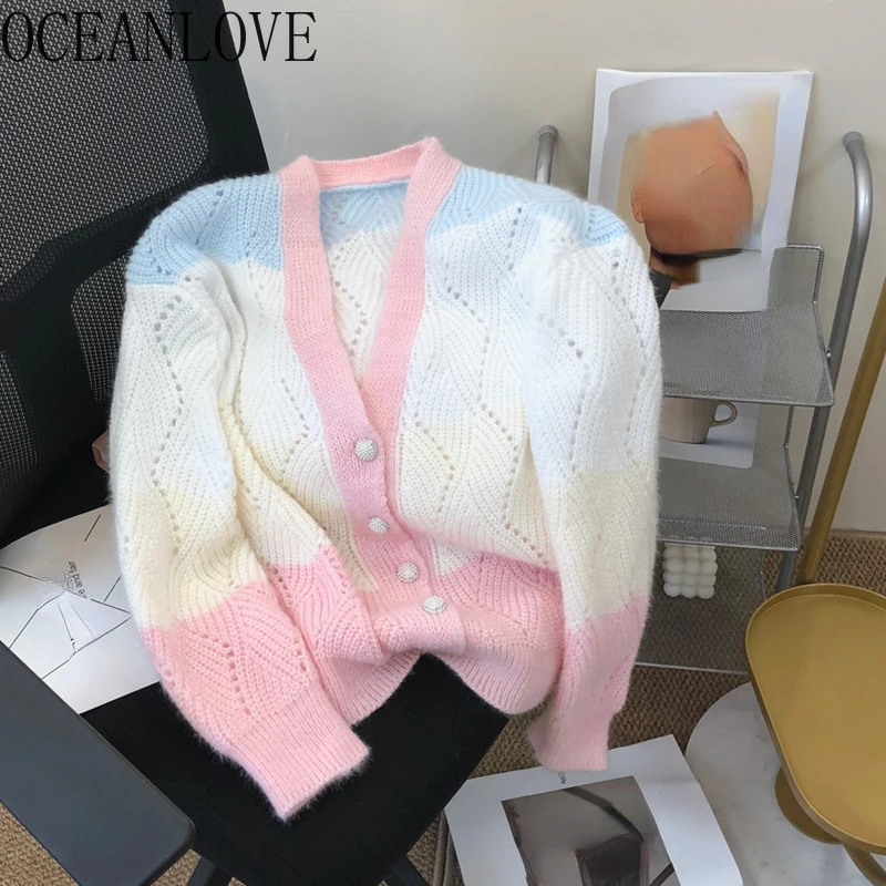 OCEANLOVE Autumn Winter Short Cardigans Contrast Color Sweet Korean Fashion Women Sweaters V Neck Hollow Out Sueteres Mujer