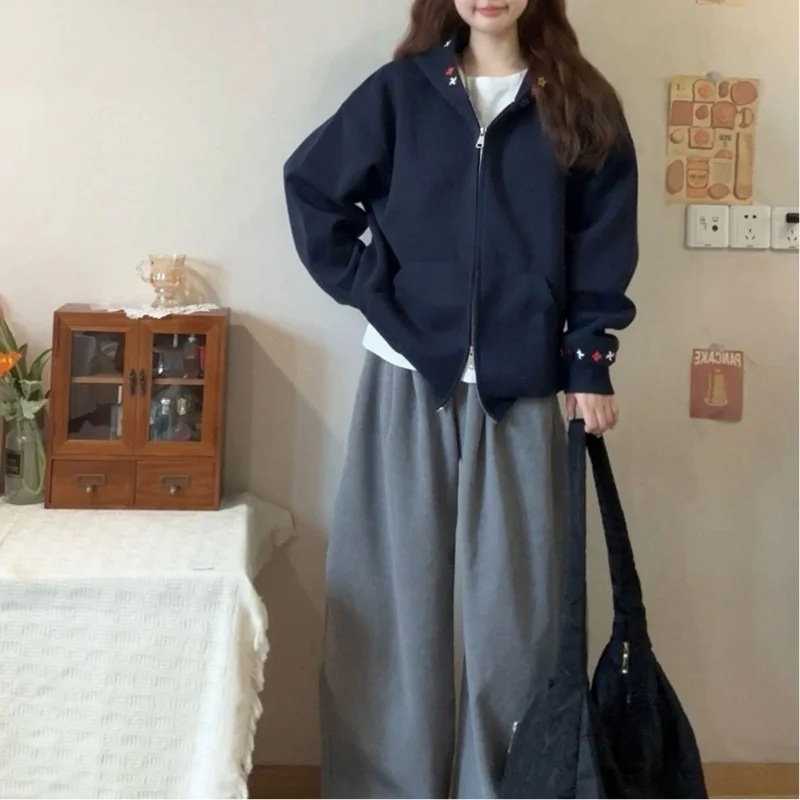 

Корейский кардиган с вышивкой, толстовка с капюшоном, пальто для женщин, осенний новый топ на молнии в ленивом стиле