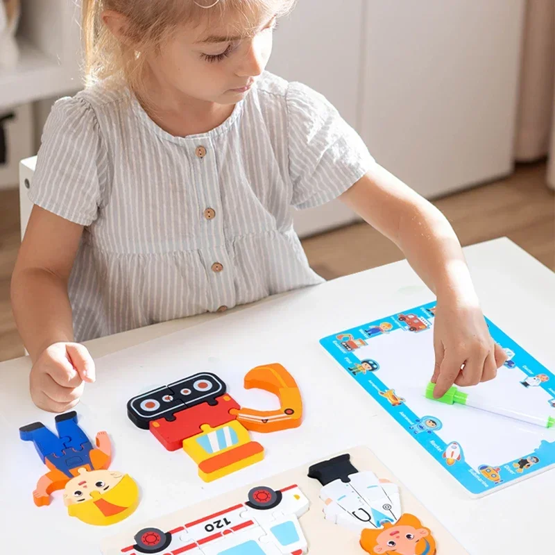 2In1 Wooden Puzle Drawing Board 3D Career Jigsaw Toy Early Education Writing Paiting Board Toy for Kids Enlightenment Toy