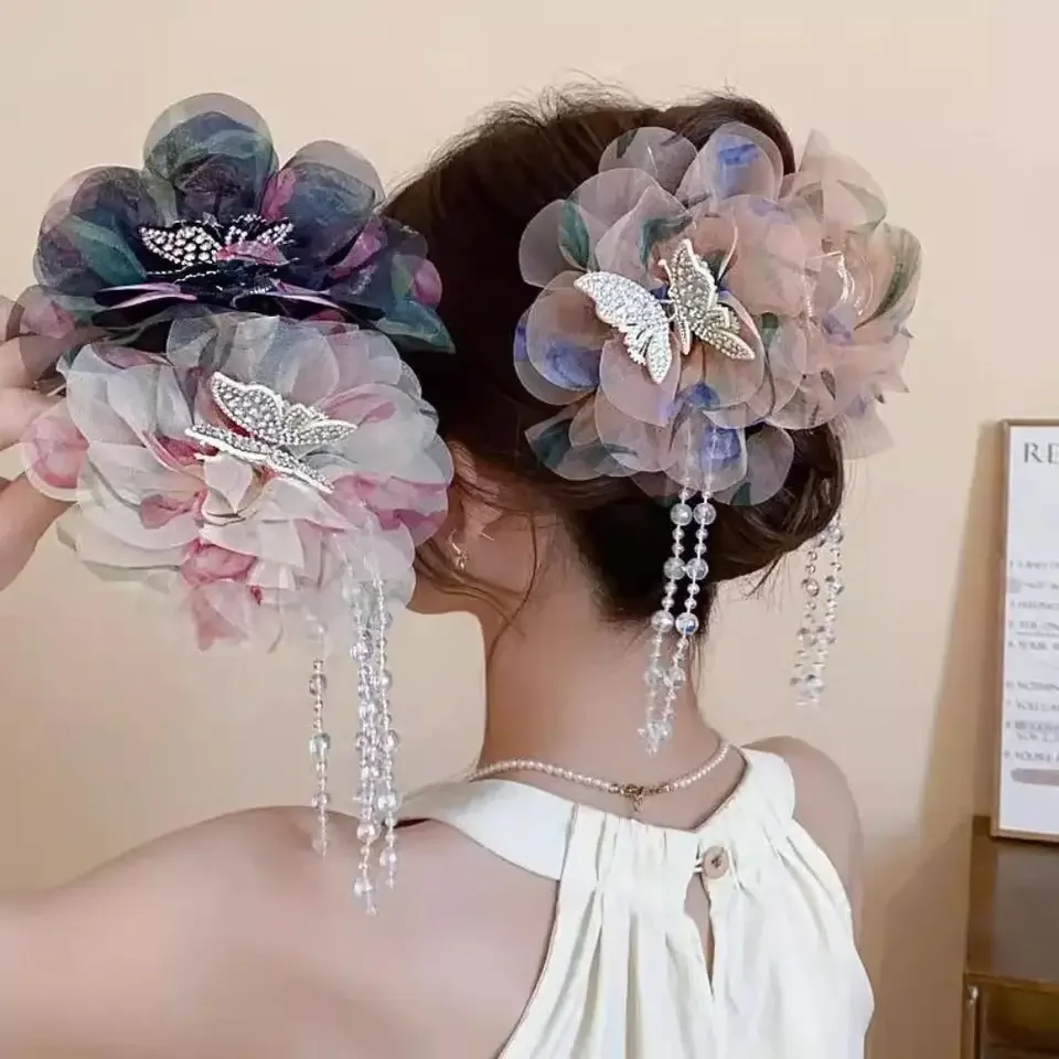 

Fashion Flower Hairgrips Mesh Tassel Grasping Clip Plastic Shark Clip Women