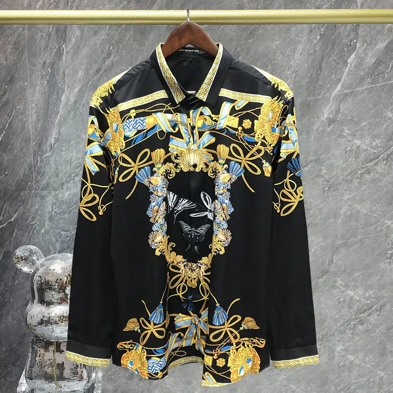 

Y2Knew High Quality Streetwear Korean Men Black Gold Baroque Print Flower Shirt Men Slim Fit Dress Shirt Social Camisa Masculina