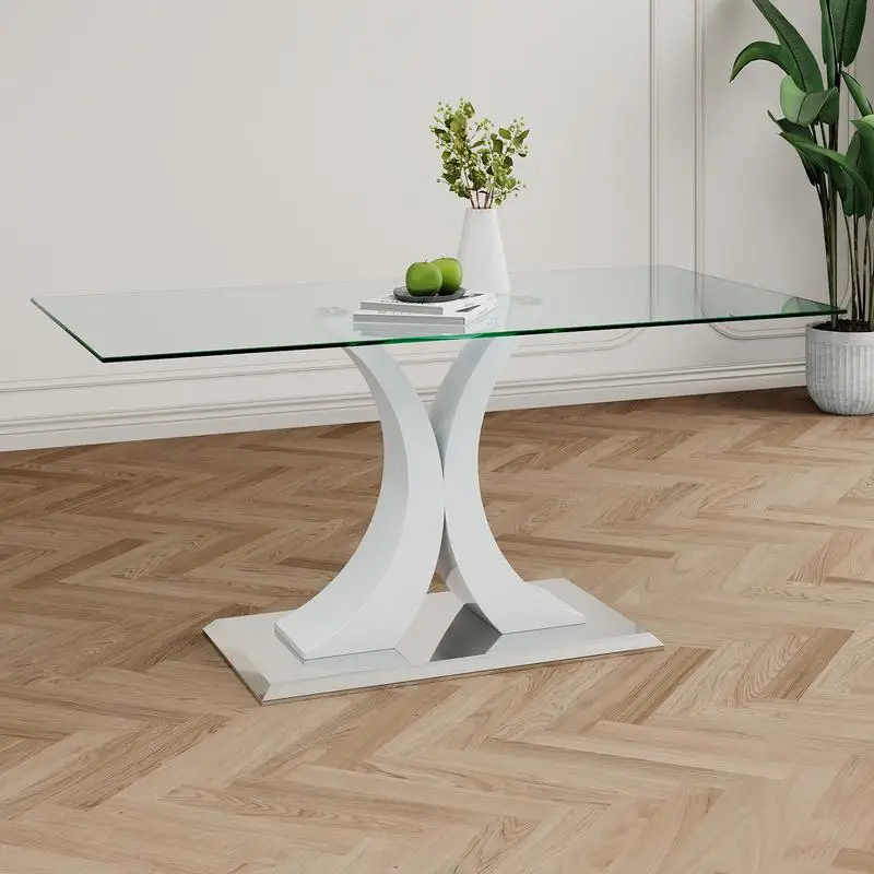 Mesa de cristal rectangular moderna de 63 ", diseño transparente elegante, base de soporte de acero inoxidable resistente, muebles elegantes para