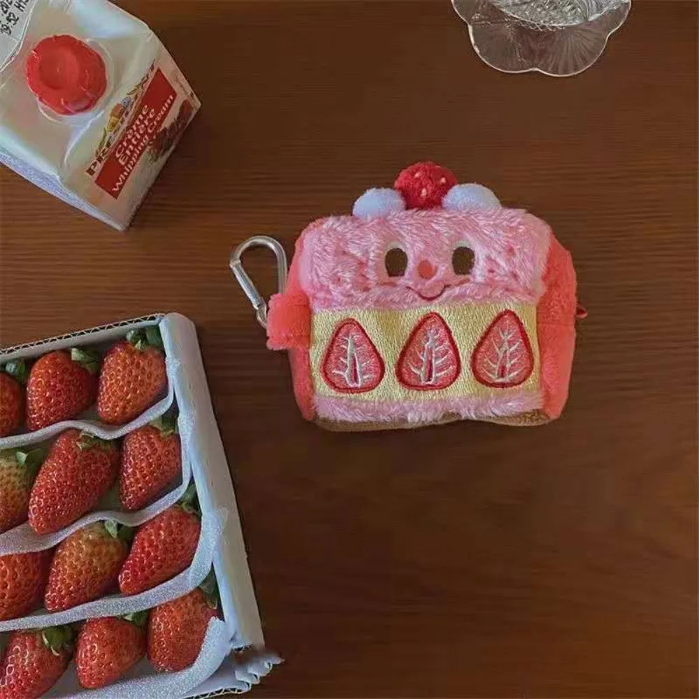 Cute Plush Strawberry Cake Coin Purse Zipper Mini Money Bag Pink With Keychain Pendant Earphone Case