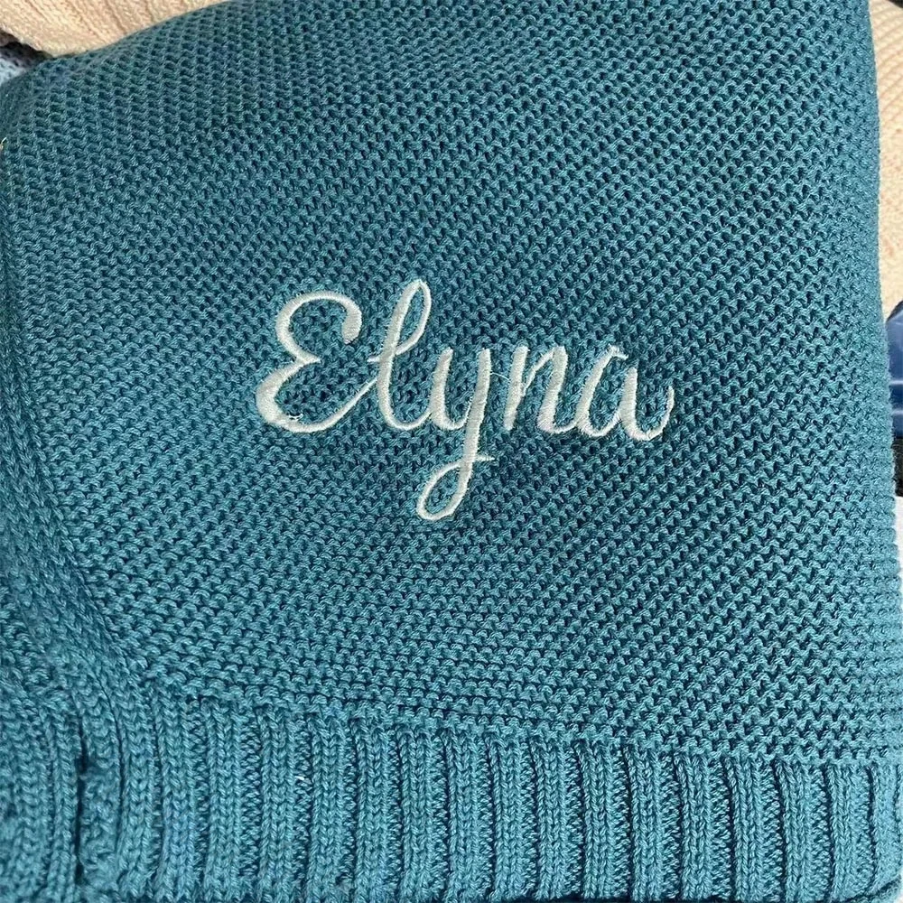 Newborn Knitted Blanket Baby Gift Personalized Name Baby Shower Stroller Blanket Custom Baby Birth Announcement Embroidered Gift