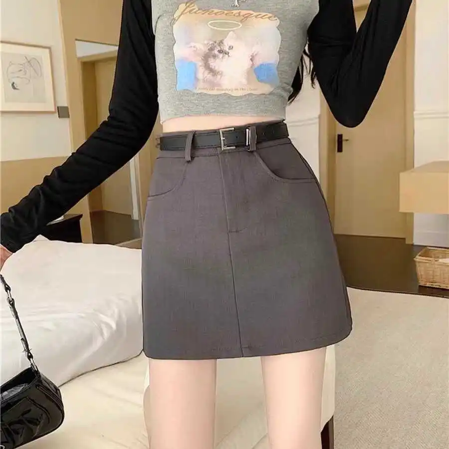 Korea Summer Black Gray Women'S Skirts 2024 New Fashion High Waist Mini Skirt Woman Casual Simple Wild A Line Suit Short Skirts