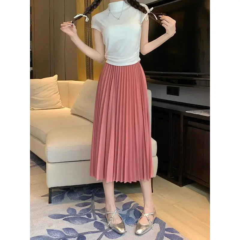 Mat Texture New Pleated High Waist Skirt Women's Simple Sle New Model Ciwalk Polyester Fiber H-Line Autumn Season