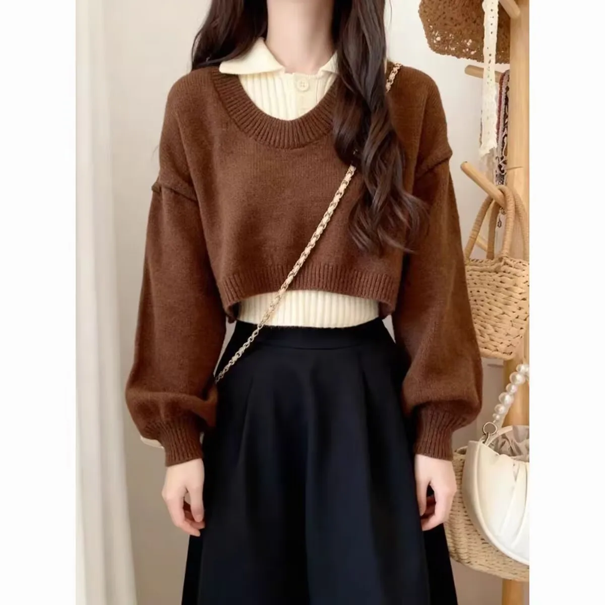 American Style Short Sweater Women's Autumn Winter Wear Two-Piece Set Knitted Sweater And Vest Top outfit knitted Pullover Shirt