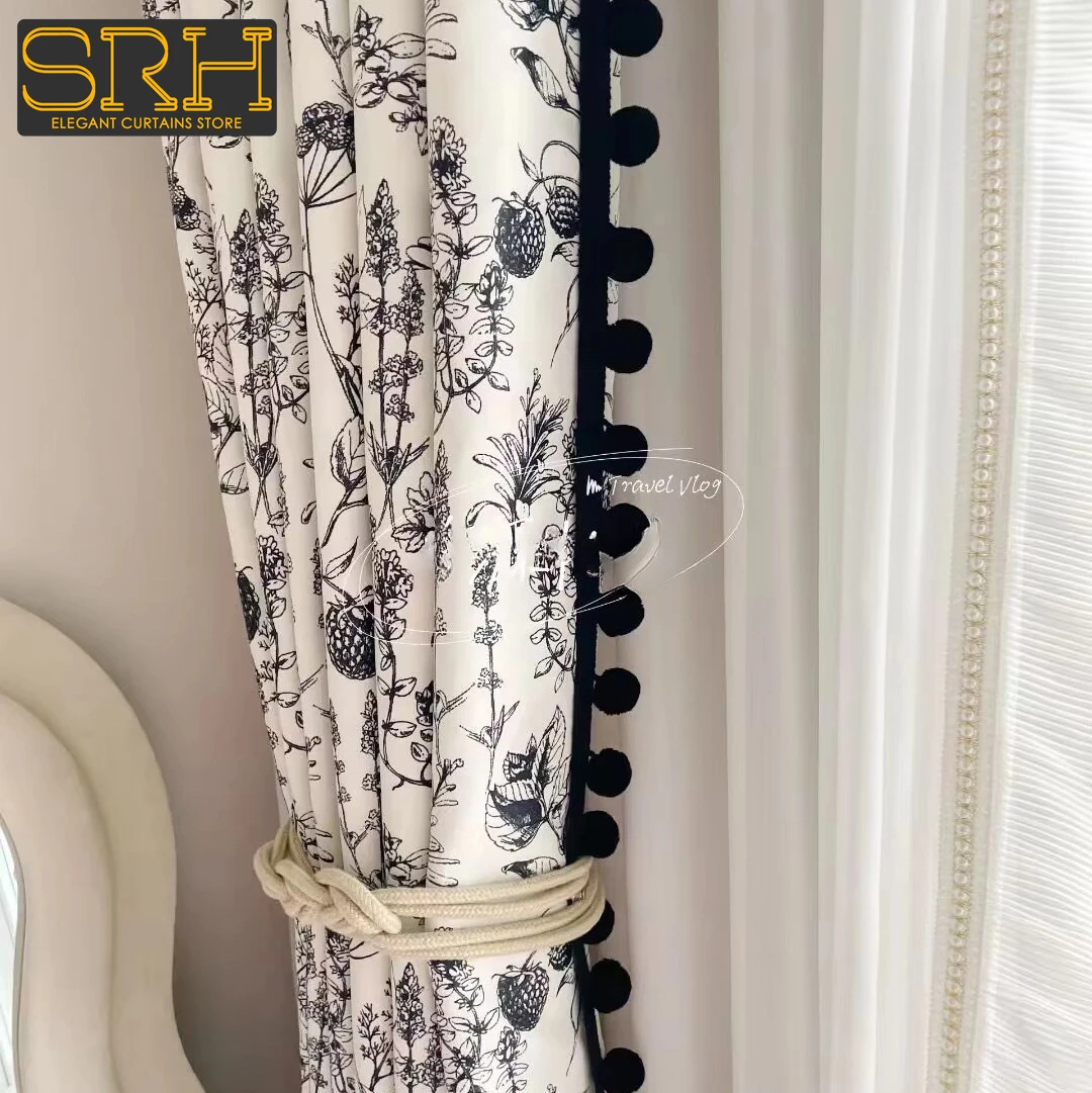 French Pine Cone Jacquard Blackout Curtains for Living Room and Bedroom Study Room Bay Window Fur Ball Lace Thicken Cloth Custom