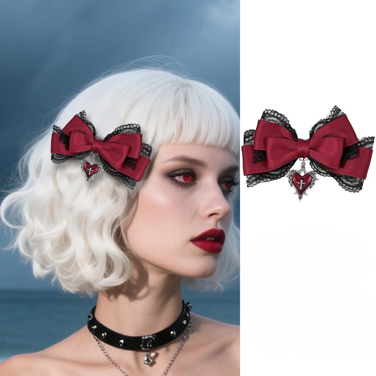

Gothic Sweet Cool Style Hair Clip Love Heart Cross Lace Bow Ponytail Hairpin Female Fashion Personality Hair Styling Accessories