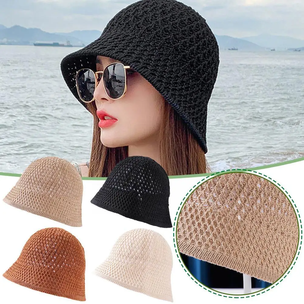 Summer Sun Hat Crochet Floppy Collapsible Dome Bucket Hat Hollow Pure Color Simplicity Soft Beach Caps For Women Onesize N6P3