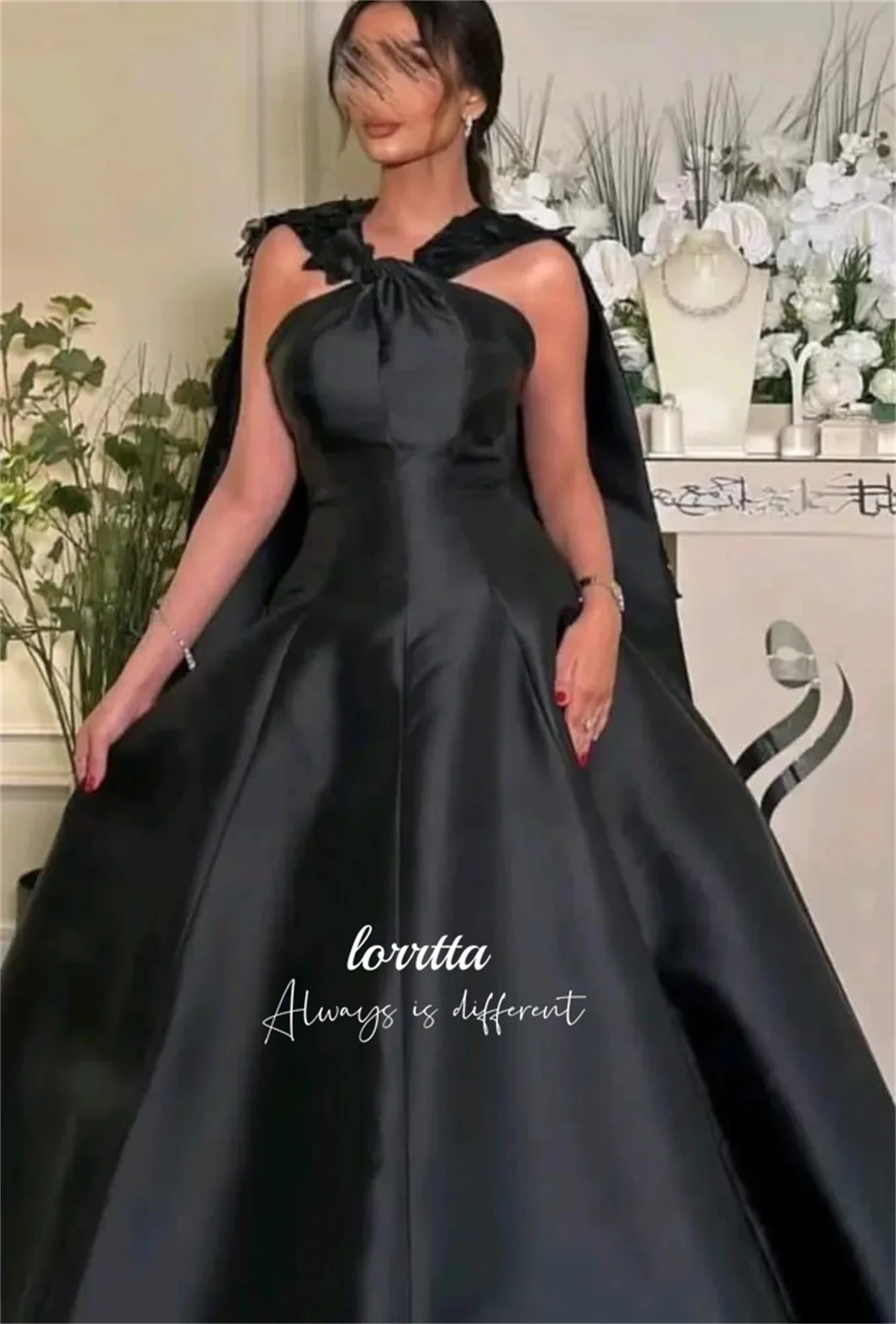 Lorrtta Formal Dress Black Line A Satin 3D dimensional Flower Shawl Luxury Evening Dresses 2024 Ball Gowns Prom Gown Customized