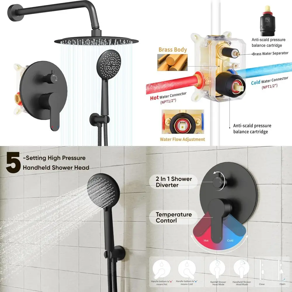 

Stainless Steel Shower System with 12-inch Rain Head and 5-Mode Handheld, Pressure Balance Faucet Set for Luxury Bathing Experie