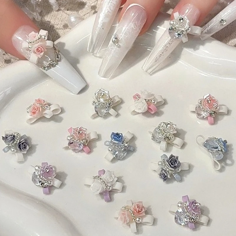 Soft Carved Bowknot Rose Camellia Flowers Pearl Pile Rhinestones Love Heart Crystal Steel Ball Nail Art Decorations Accessories