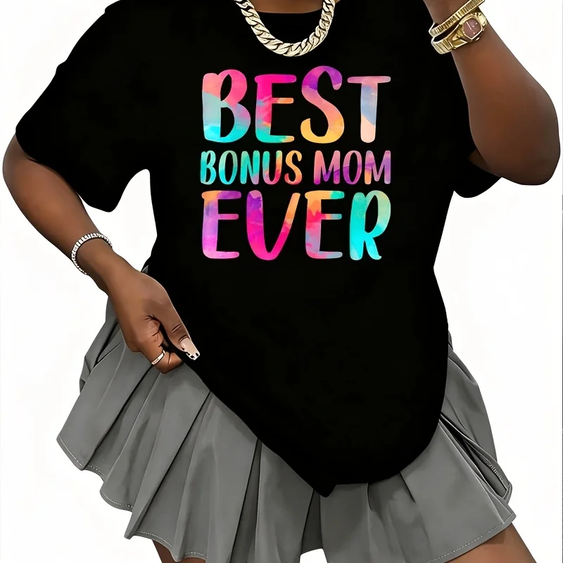Wos Best Bonus Mom Ever Colorful Mother's Day Women's 100% Cotton T-Shirt Fun Print Short Sleeve Top Casual Round Neck Tee S-5Xl
