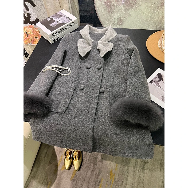 MEXZT Wool Blends Coat Women Fashion Fur Patchwork Quilted Woolen Jacket Korean Long Sleeve Outerwear Winter Loose Overcoat New
