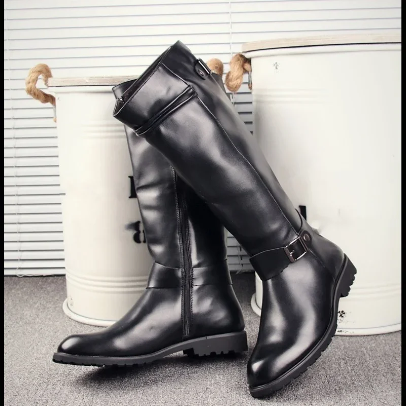 Plus Size 37-46 Najwyższa jakość Punk Style Gothic Knee High Motorcycle Boots Men Winter 2025 Miękkie skórzane długie buty dla mężczyzny