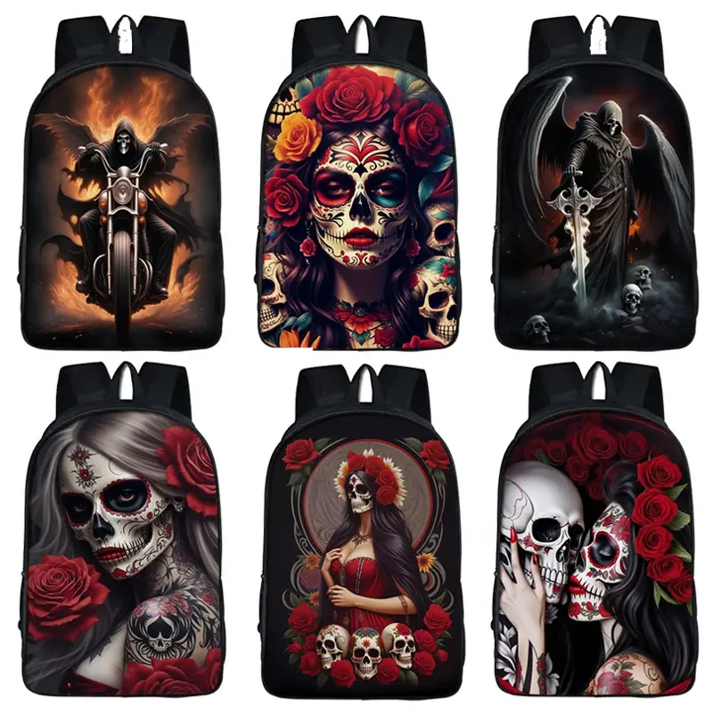 Mexico Skull Pattern Backpack Skull/Skeleton School Bags Flower Holy Death Grim Reaper Riding Motorcycle Women Rucksack Daypack