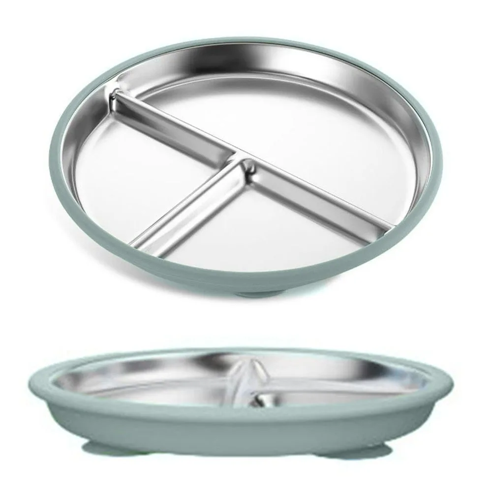 

Разделенный дизайн, детская присоска, обеденная тарелка из нержавеющей стали 304, нескользящая детская посуда с 3 сетками, силиконовая присоска против падения