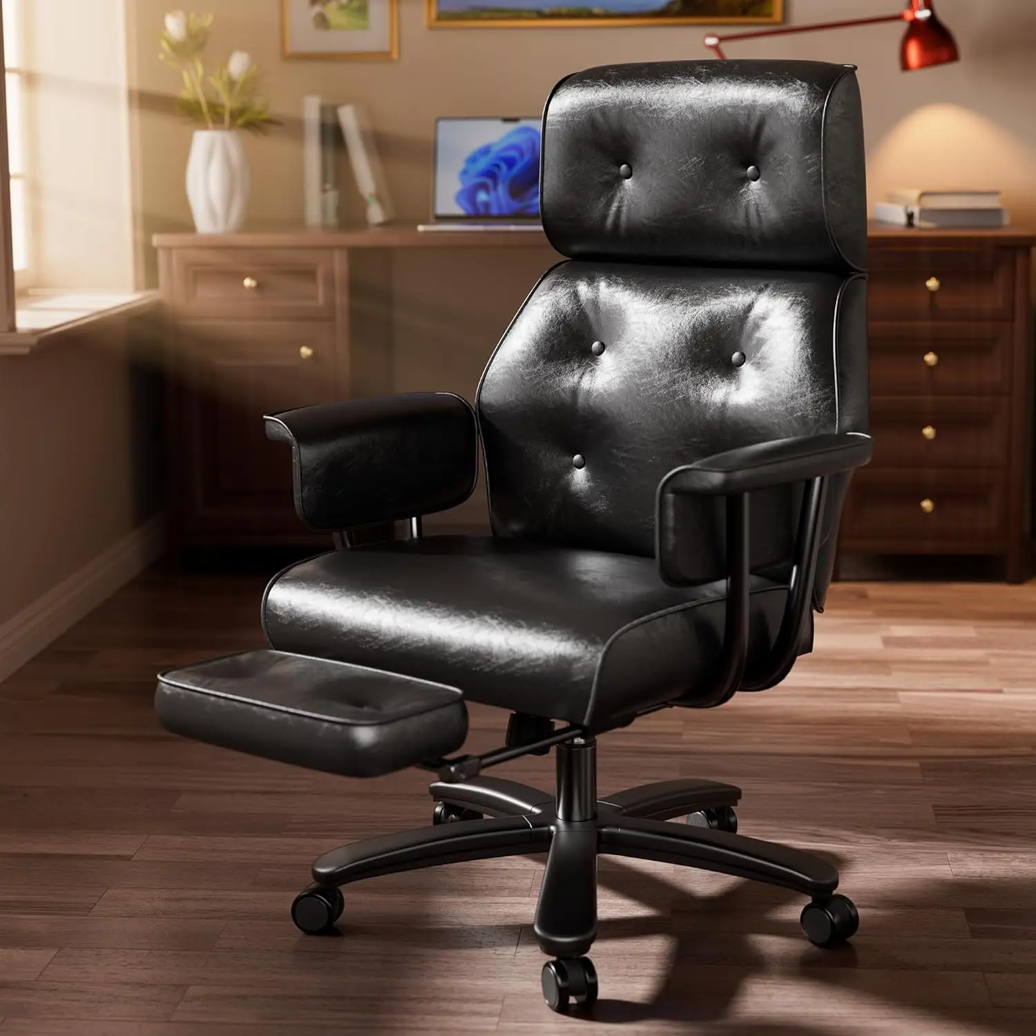 

Reclining Office Chair With Footrest, Big And Tall Office Desk Chair 400Lbs Wide Seat With Leather, Ergonomic High Back, Button