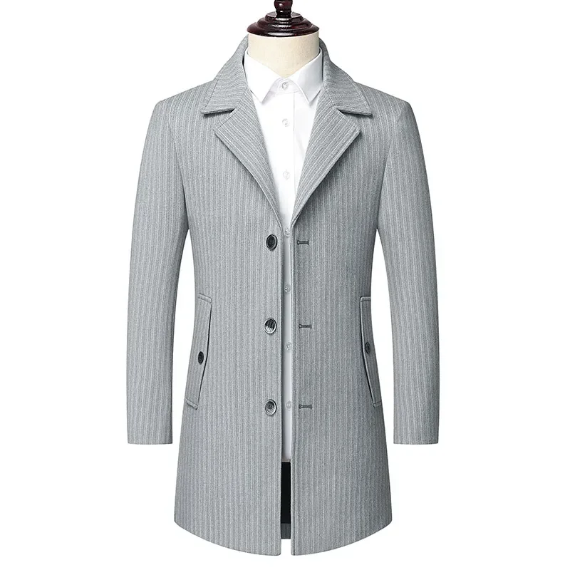 2023 High Quality Fashion Trend All-in-one Men's Winter Suit Collar Mid-length Tweed Coat Business Casual Striped Tweed Coat