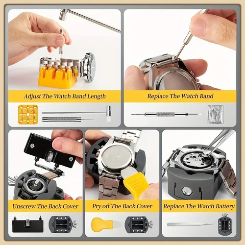 Imagen 2 del producto Kit de reparación de relojes de 72 piezas con herramienta de reemplazo de batería, herramientas profesionales de extracción de eslabones y ajuste de banda, 18 tamaños de pasadores de banda