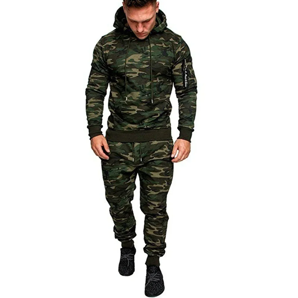 Autumn and Winter Men\'s Military Sports Tracksuit Camouflage Tactical Pants and Hoodie Set 2-piece Sports Suits